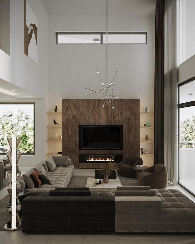 tiled living room with a high ceiling