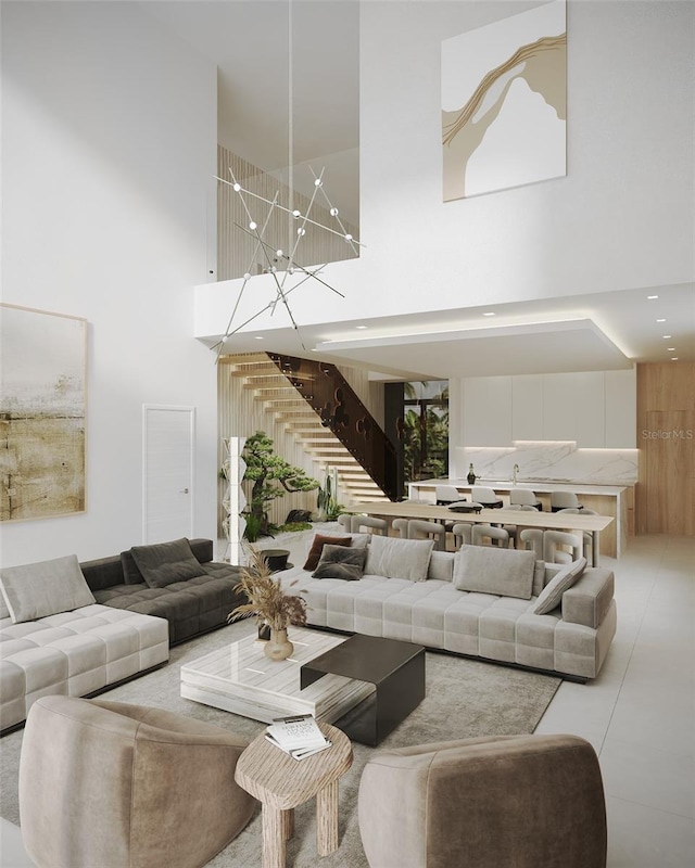 living room featuring a towering ceiling