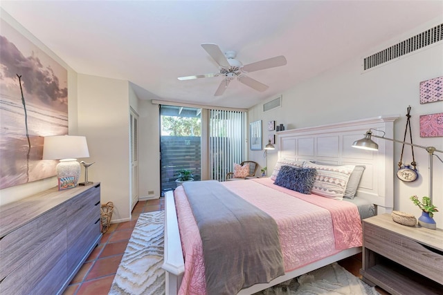 bedroom with a ceiling fan, access to outside, visible vents, and dark tile patterned floors