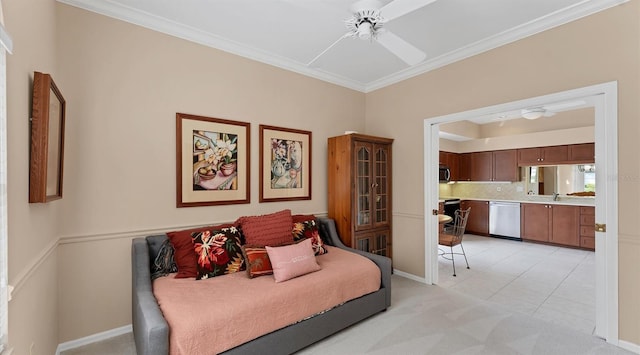 bedroom with light carpet, ensuite bathroom, baseboards, ceiling fan, and crown molding