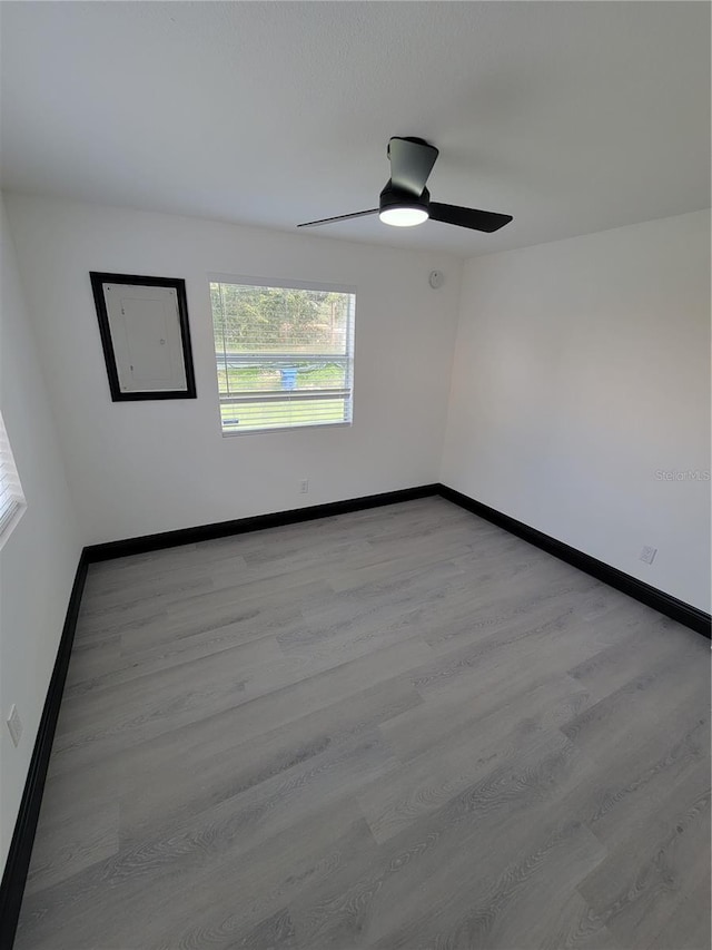 empty room featuring light wood-type flooring and ceiling fan