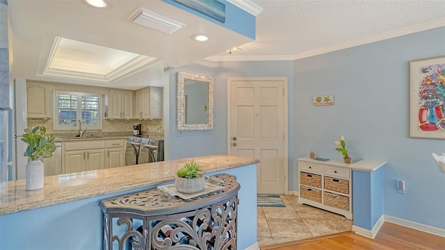 kitchen featuring light stone counters, crown molding, sink, and backsplash