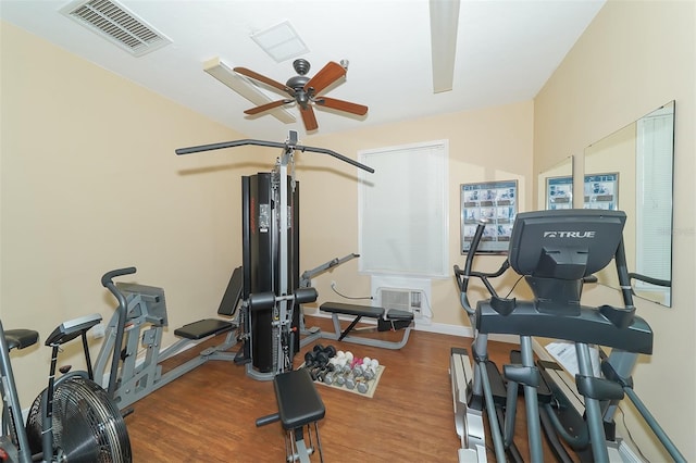 workout room featuring ceiling fan and dark hardwood / wood-style flooring