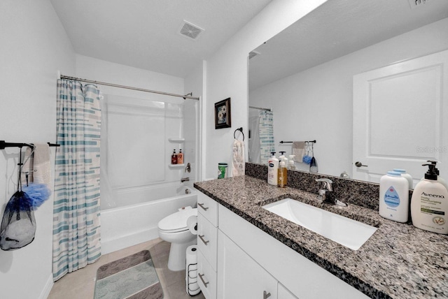 full bathroom with shower / bath combo with shower curtain, toilet, and vanity