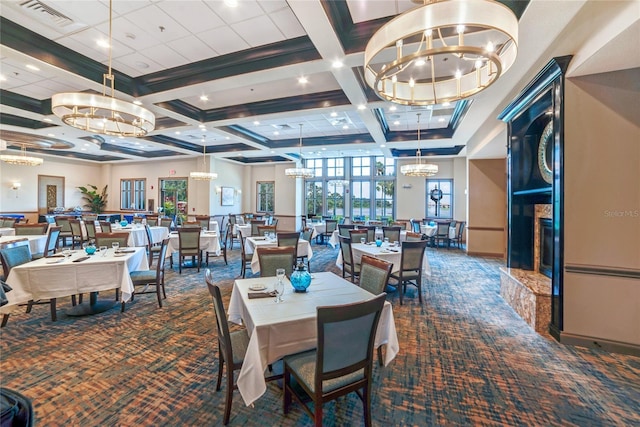 carpeted dining room with an inviting chandelier, coffered ceiling, and beam ceiling