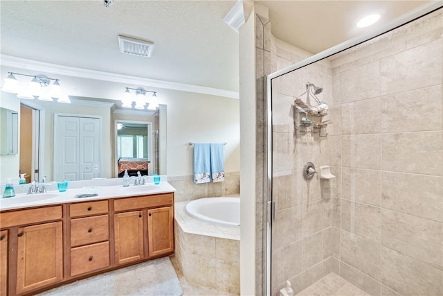 bathroom featuring a sink, crown molding, visible vents, and a closet