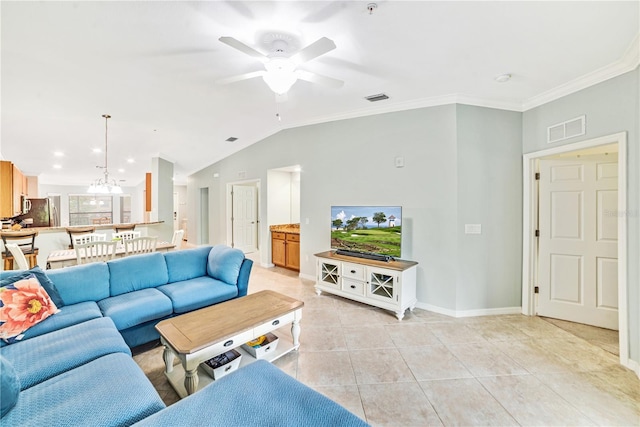 living room with lofted ceiling, visible vents, ornamental molding, and light tile patterned flooring