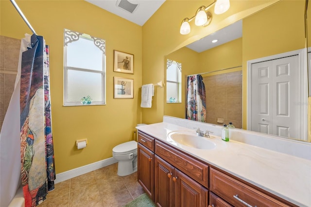 full bathroom with vanity, shower / bath combo, tile patterned floors, and toilet