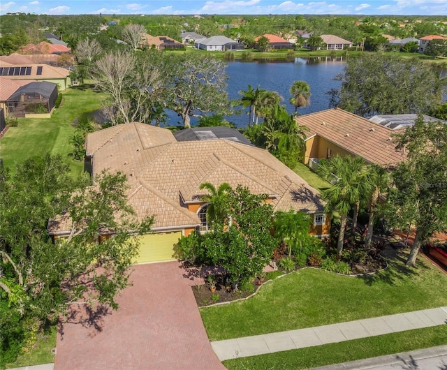 drone / aerial view with a water view