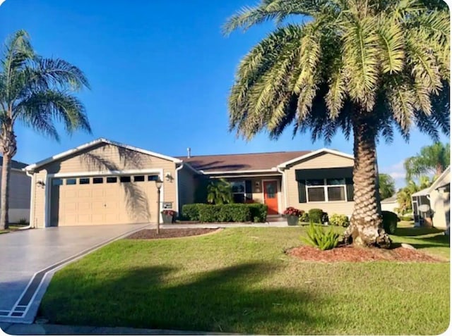 ranch-style home with a front lawn and a garage