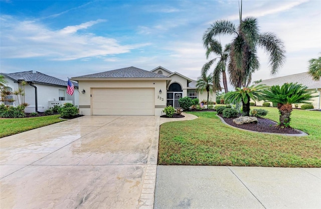 ranch-style home featuring a garage and a front lawn