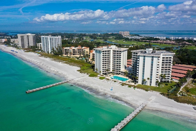 drone / aerial view with a water view and a view of the beach