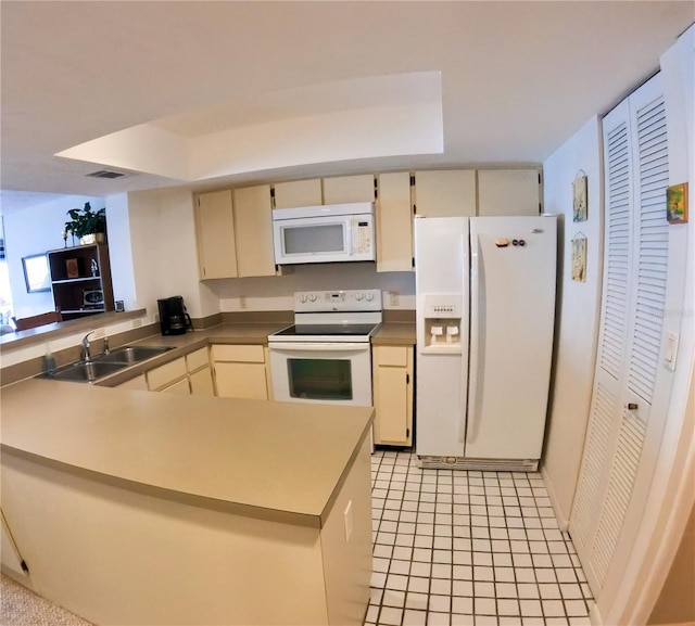 kitchen featuring white appliances, visible vents, a peninsula, cream cabinetry, and a sink