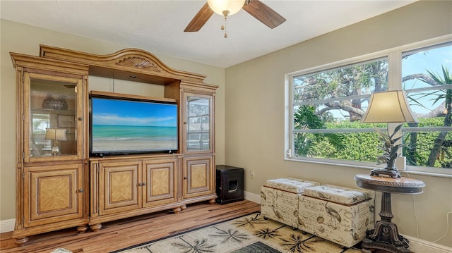 living area featuring a wood stove, ceiling fan, and light hardwood / wood-style flooring