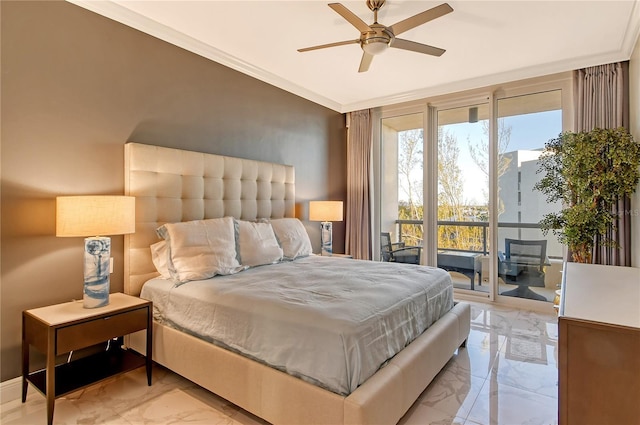 bedroom with ceiling fan, ornamental molding, and access to outside