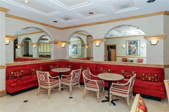 bar with ornamental molding and coffered ceiling