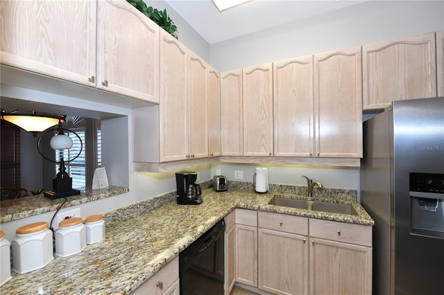 kitchen with dishwasher, sink, stainless steel fridge, and light brown cabinetry