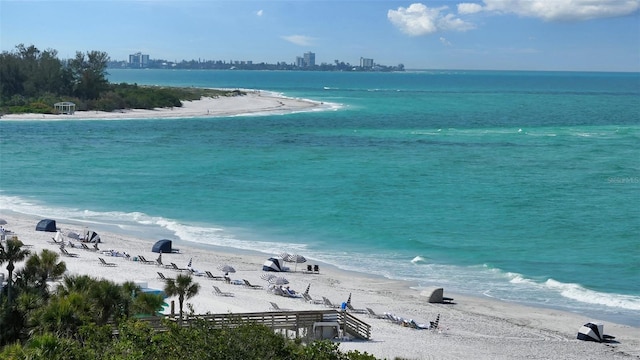 property view of water featuring a beach view