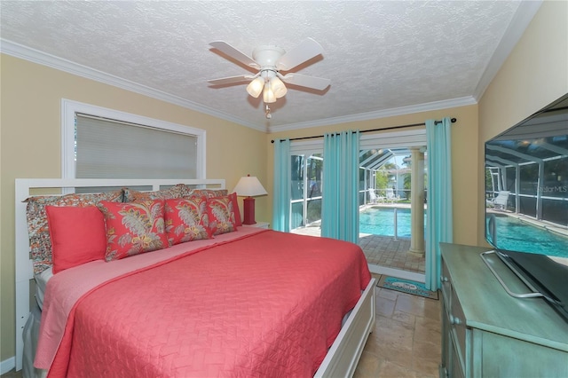 bedroom with ceiling fan, ornamental molding, access to exterior, and a textured ceiling