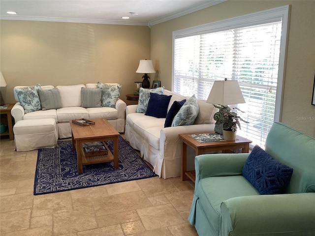 living room with crown molding