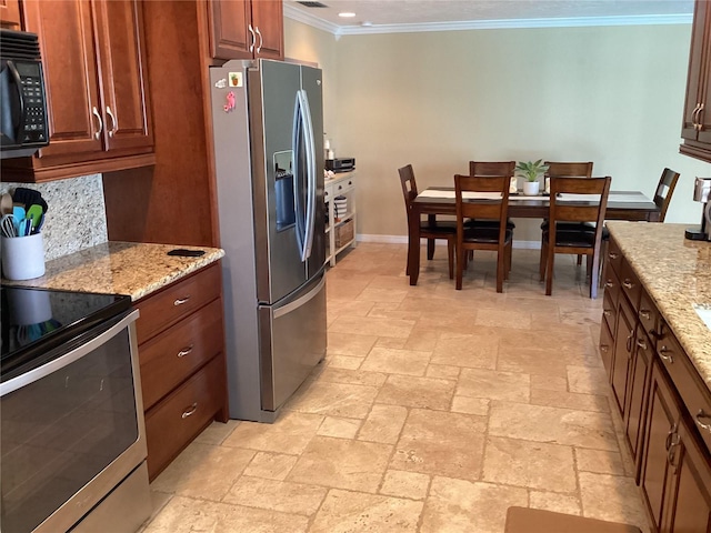 kitchen featuring light stone counters, ornamental molding, appliances with stainless steel finishes, and decorative backsplash