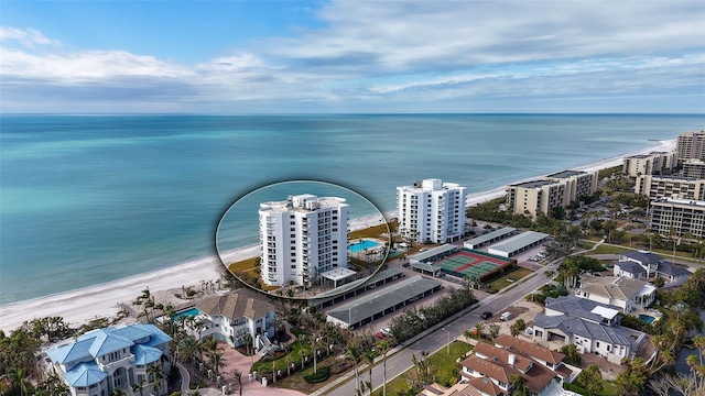 drone / aerial view with a water view and a view of the beach