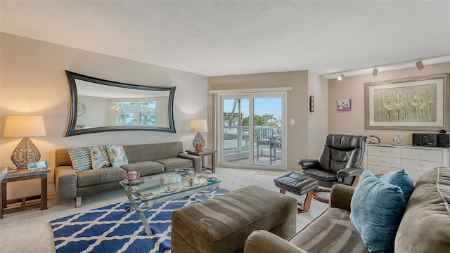 carpeted living room with rail lighting and a textured ceiling