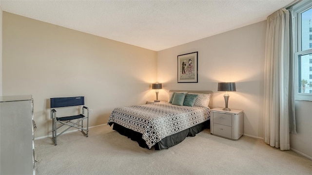 carpeted bedroom with a textured ceiling