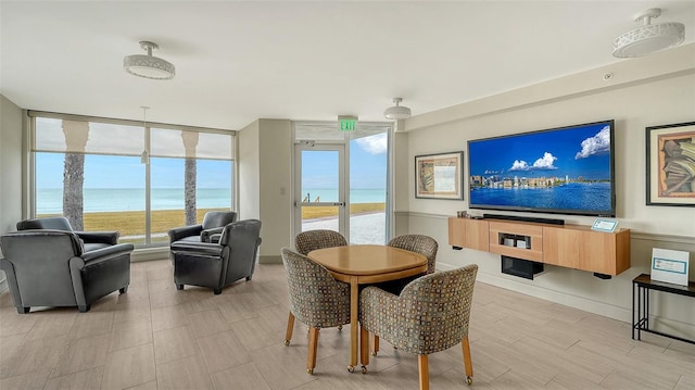 dining area with a water view