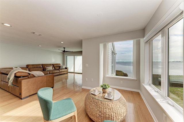 living room featuring a wealth of natural light and light wood-type flooring