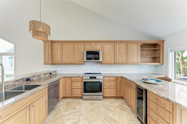 kitchen with beverage cooler, a peninsula, stainless steel appliances, open shelves, and a sink