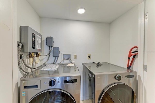 laundry room featuring water heater, laundry area, and independent washer and dryer