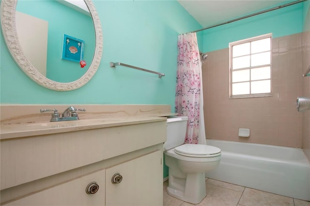 full bathroom with shower / bath combo, toilet, tile patterned floors, and vanity