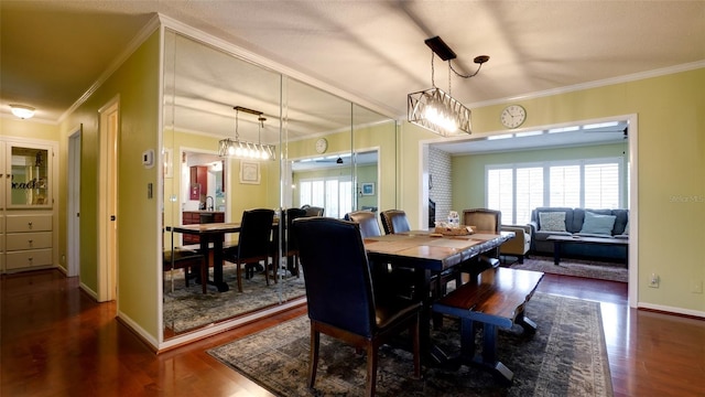 dining room with crown molding and dark hardwood / wood-style floors