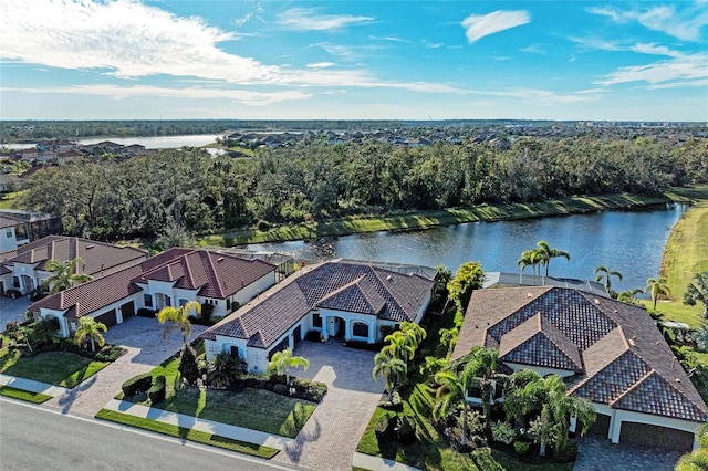 aerial view featuring a water view