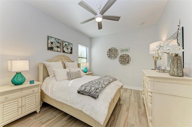 bedroom featuring ceiling fan and light wood-type flooring