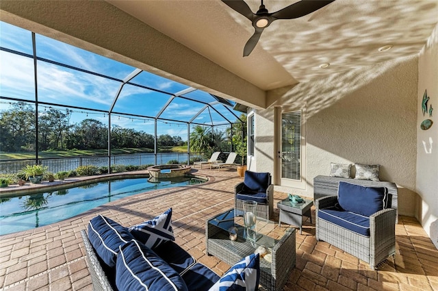 view of patio featuring a water view, an outdoor living space, a lanai, and a pool with hot tub