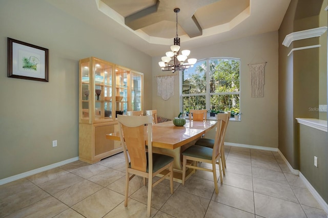 tiled dining room featuring coffered ceiling, beamed ceiling, and an inviting chandelier