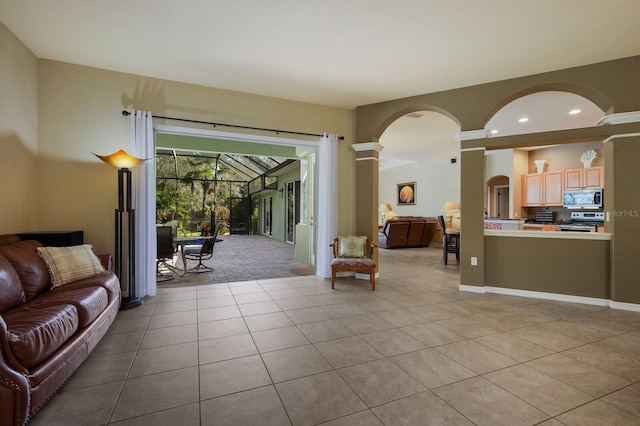 living room featuring light tile patterned flooring