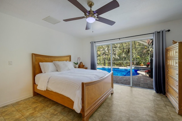 bedroom with access to outside and ceiling fan