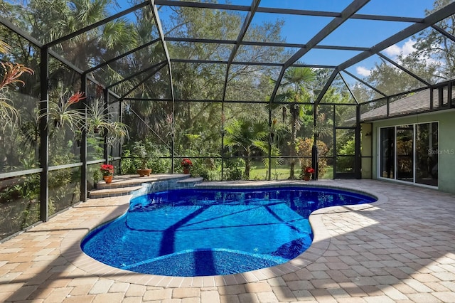 view of swimming pool with a lanai and a patio area