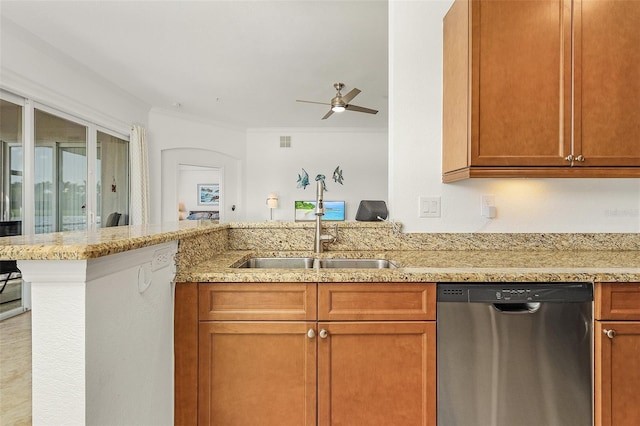 kitchen featuring sink, dishwasher, light stone counters, ornamental molding, and kitchen peninsula