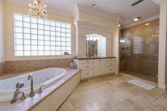 bathroom featuring vanity, a chandelier, shower with separate bathtub, and crown molding