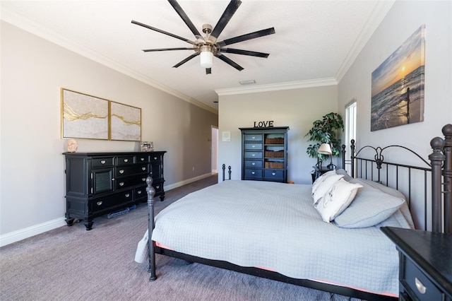 bedroom featuring ceiling fan, a textured ceiling, crown molding, and carpet flooring