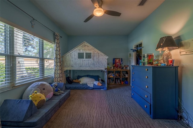 carpeted bedroom with ceiling fan