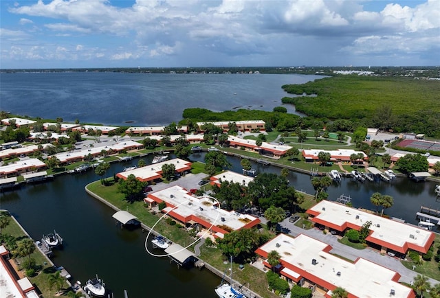 aerial view featuring a water view