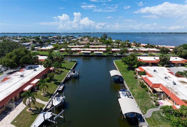 aerial view featuring a water view