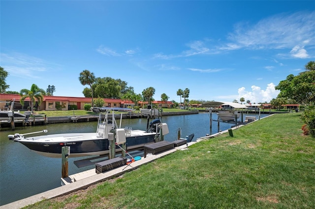 view of dock featuring a yard and a water view