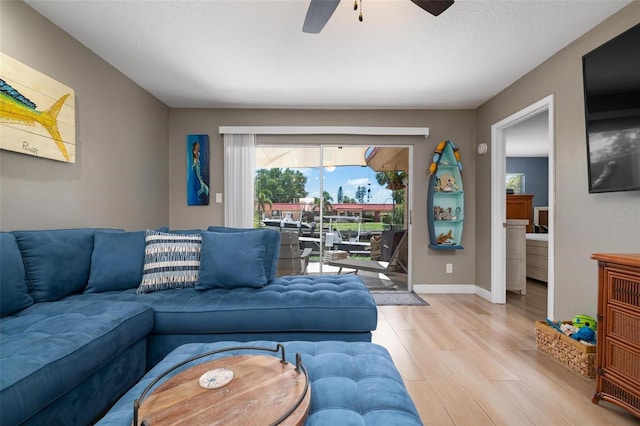 living room featuring light hardwood / wood-style floors and ceiling fan