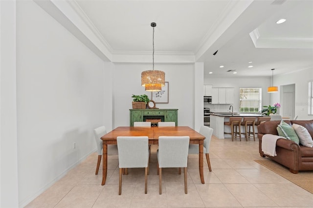 tiled dining space with crown molding